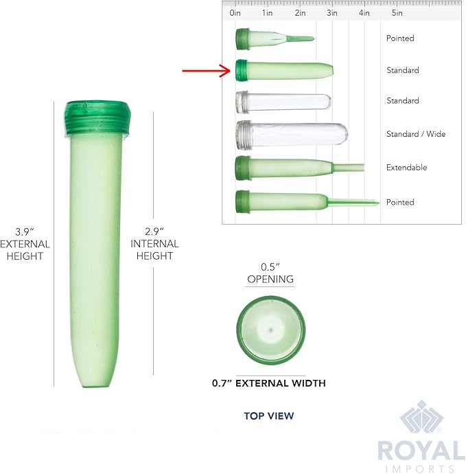 Royal Imports Floral Water Tubes with Caps – 3" Green Plastic Flower Vials for Single Stem Roses, Buds, Bouquets – Standard Style, 1/2" Opening – 100 Pack