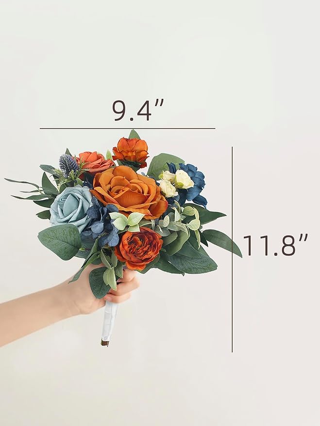 Rinlong 1Pc Fall Wedding Bouquets for Bridesmaids Bride Terracotta Navy Blue Artificial Bridesmaid Bridal Bouquet for Wedding Prom Burnt Orange Navy Blue