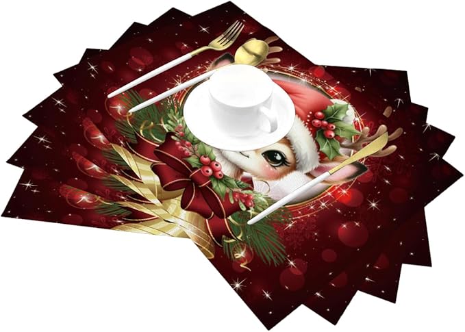 PVC Placemats Set of 1 Wipeable Table Mats Washable Heat Resistant Non Slip Vinyl Dining Table Mat for Kitchen Indoor Outdoor Patio Farmhouse Place Mats Red Christmas Bell Deer Decorative