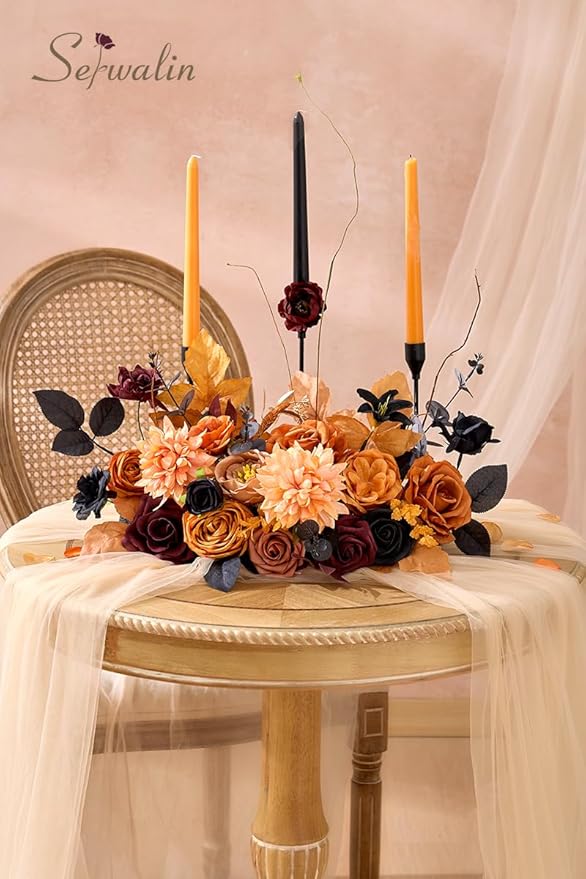 Serwalin Artificial Orange & Black Flowers, Silk Fake Flowers for DIY Wedding Bouquets Cake Flower, Harvest Table Centerpieces Birthday Party Home Halloween Decorations