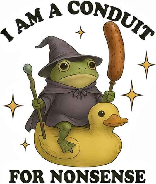 HANDICHI Design 5-Pack 6 Inch Funny Frog Stickers – “I Am a Conduit for Nonsense” Wizard Frog Vinyl Decals – Quirky Meme Sticker Pack for Laptops, Water Bottles, Journals and Scrapbooks