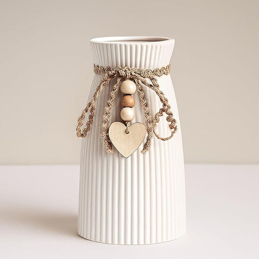 DomeStar White Flower Vase, Small Ceramic Vase Modern Home Decor with Grooves and Hanging Rope for Wedding Baby Shower Party Gift