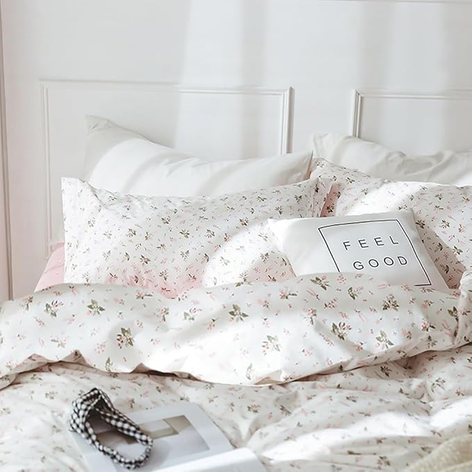 Chic Pink Floral Comforter Set Queen White Botanical Coquette Bedding Comforter Set Boho Bedding Sets for Queen Bed,Aesthetic Flower Comforter Sets for Girl,1 Floral Comforter and 2 Pillowcases