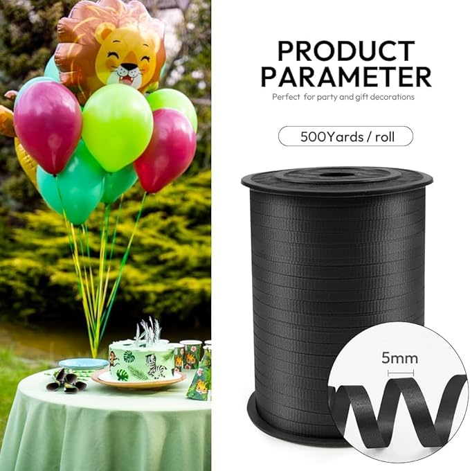 500 Yards Curling Ribbon Black, 1/5" Wide Crimped Black Curling Ribbons - Ideal for Gift Box Wrapping, Birthday, Halloween, Christmas Party Decorations, Balloon String