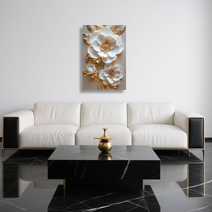 ZSHARTSWD Abstract White & Gold Floral Canvas Wall Art Elegant Flowers Pictures Prints White Flower Golden Leaves Painting Living Room Bathroom Decor Framed (Gold, 30L x 20W)
