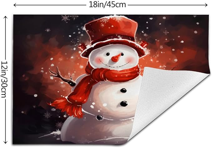PVC Placemats Set of 6 Wipeable Table Mats Washable Heat Resistant Non Slip Vinyl Dining Table Mat for Kitchen Indoor Outdoor Patio Farmhouse Place Mats Christmas Snowman Red Decorative