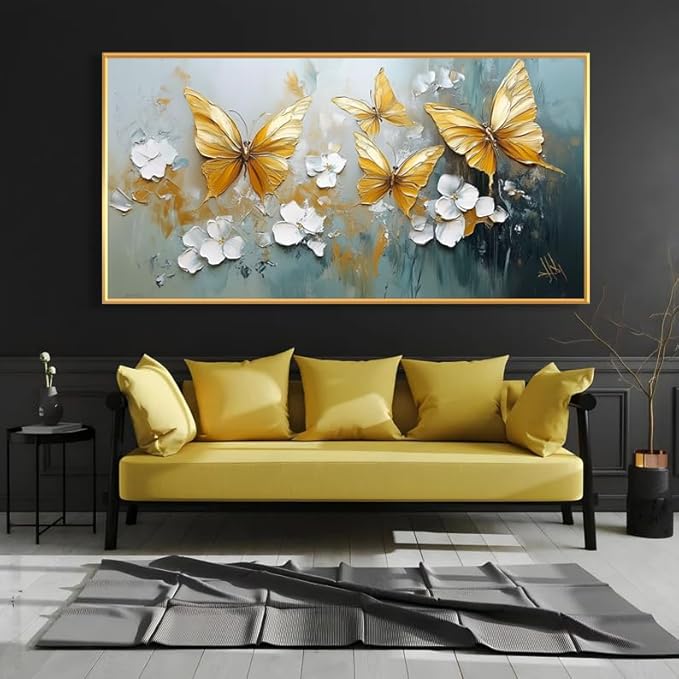 Butterfly Canvas Wall Art, Butterfly and Flower Wall Decor, Butterfly Prints, Abstract Textured Canvas Wall Art, Artwork for Walls, Oil Painting Wall Art, Wall Decor Living Room (Black Frame, *31"x15"|80x40cm)