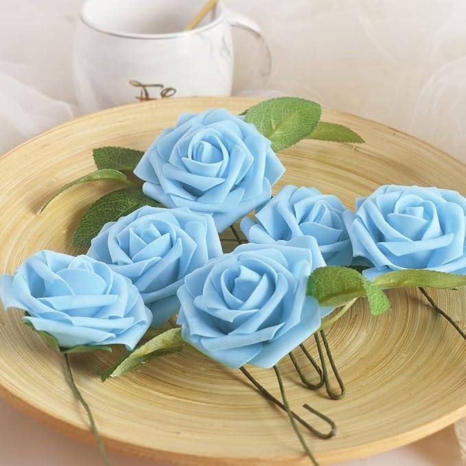 homEdge Artificial Rose, 25pcs Foam Artificial Flowers with Stem for Home Decorations, Wedding Bouquets, Party, Certerpieces, Anniversaries-Aqua Blue