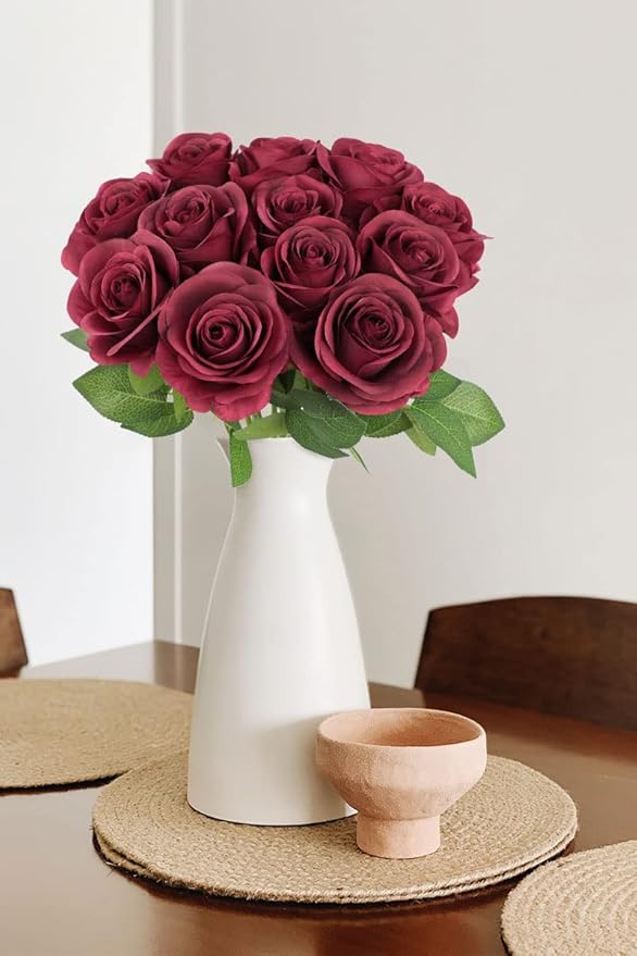 12pcs Roses Artificial Flowers Fake Flowers with Long Stems Burgundy Silk Flowers for Wedding Bouquet Centerpices Decorations Party Bridal Baby Shower Home Decor