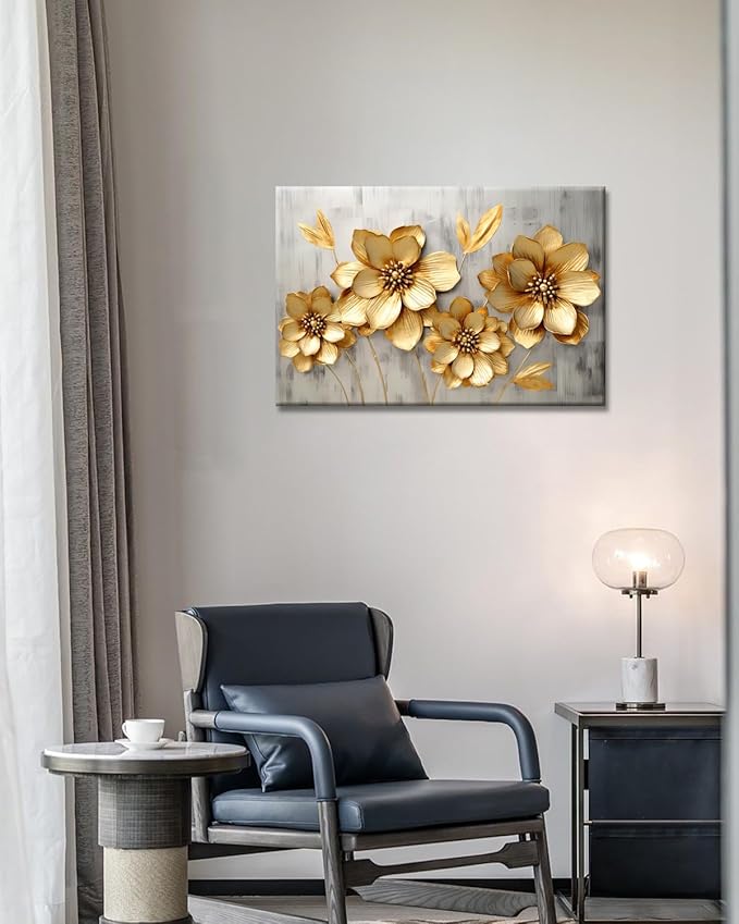 GLOKAKA Gold Metallic Flowers Print Wall Art Elegant Floral Flower Canvas on Grey Background Painting Picture Artwork for Living Room Bedroom Bathroom Decor (Gold Metallic Flowers, 24"x16")