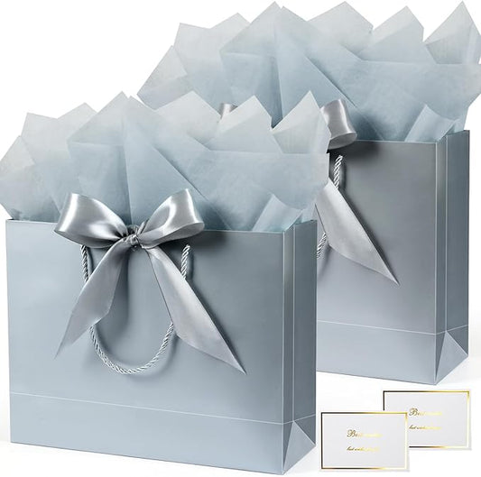 Large Gift Bags, 2PCS Gift Bags with Handle Tissue Paper Greeting Card, 13’’ Portable Birthday Gift Bag Set, Silver Present Bags for Birthday Party Favor Wedding Baby Shower Father’s Day, 13x10x4inch