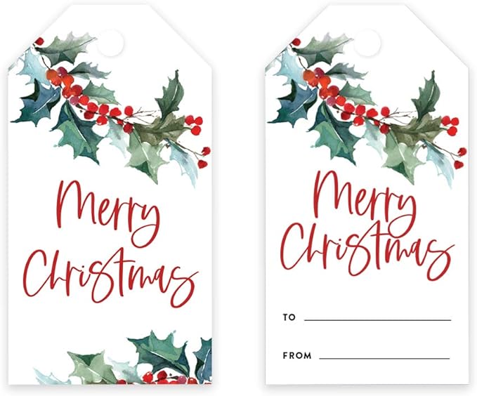 Andaz Press Christmas Holiday Season Classic Gift Tags, Merry Christmas to from Classic Favor Tags, Watercolor Holly Branch Leaves Design, for Holiday Events, Parties, and Favors, 60-Pack