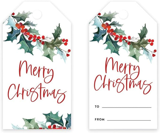 Andaz Press Christmas Holiday Season Classic Gift Tags, Merry Christmas to from Classic Favor Tags, Watercolor Holly Branch Leaves Design, for Holiday Events, Parties, and Favors, 60-Pack