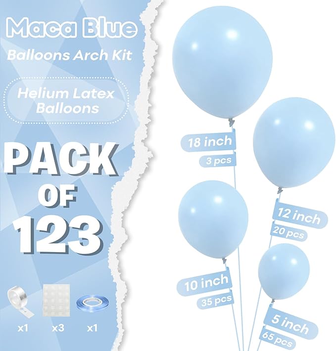 Togvu Pastel Blue Balloons Different Sizes, 123 Packs Blue Balloons, Pack of 18 12 10 5 Inch Baby Blue Balloons Garland Arch Kit for Birthday Baby Shower Gender Reveal Wedding Decoration