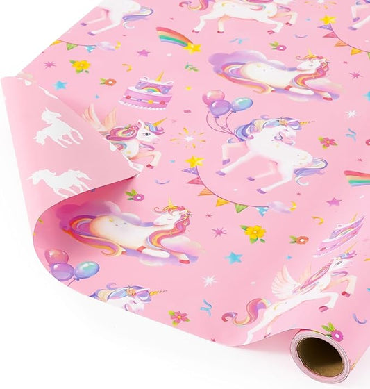 WERNNSAI Unicorn Gift Wrapping Paper - 1 Roll 17”x 16.4 ft Unicorn Birthday Wrapping Paper Princess Girl Pink Gift Packing Supply Baby Shower Theme Party Favor