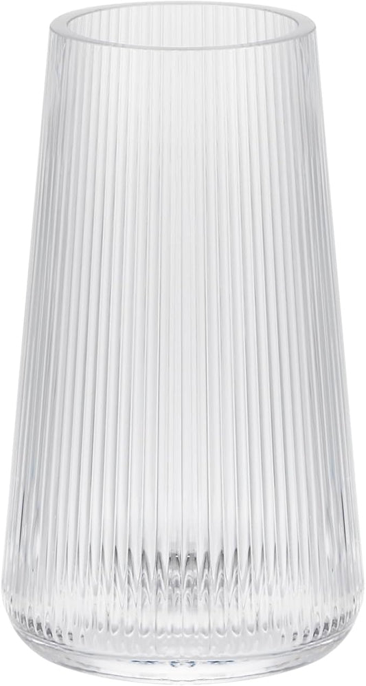 8" High Clear Glass Vase for Flower, Flower Vase for Bouquet, Ribbed Vases, Modern Glass Vase for Living Room, Bedroom, Dinning Table, Wedding, Centerpiece (Clear, 4.3"x8")