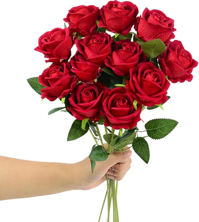 Artificial Roses 12PCS Velvet Rose Real Touch Long Stem Fake Flowers Bulk for Flower Arrangement Wedding Home Party Decor (Red)