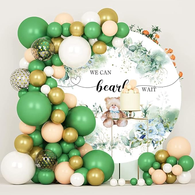 OERJU 6.5x6.5ft Bear Baby Shower Round Backdrop We Can Bearly Wait Lovely Photography Background Green Leaves Floral Circle Backdrop Cover Birthday Gender Reveal Party Decoration Photo Booth Props
