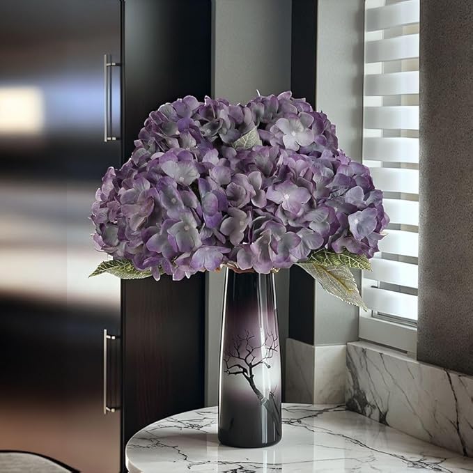 2Bouquets Artificial Fake Flowers Plants Silk Hydrangea Arrangements Wedding Bouquets Decorations Plastic Floral Home Kitchen Garden Party Festival Bar DIY (Grey Purple)