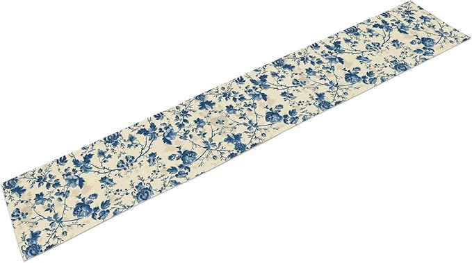 Vintage Floral Table Runner, Retro Blue Flowers Farmhouse Design Table Runner for Kitchen Dining Holiday Party Decor, 13x70 Inch