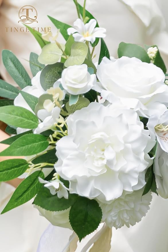 TINGE TIME 7" Bridesmaid Bouquet Set of 4, Wedding Bouquets for Bridesmaid, Perfect for Wedding Bouquets for Bride, Ideal for Bridal Shower, Rehearsal Dinner, Vintage Party (IvoryWhite)