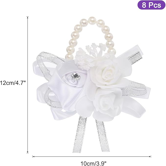 MECCANIXITY 8Pcs Wrist Corsage Artificial Flower Bracelets Rose Wrist Bride Groom Decorative for Wedding Ceremony Prom Party Anniversary White