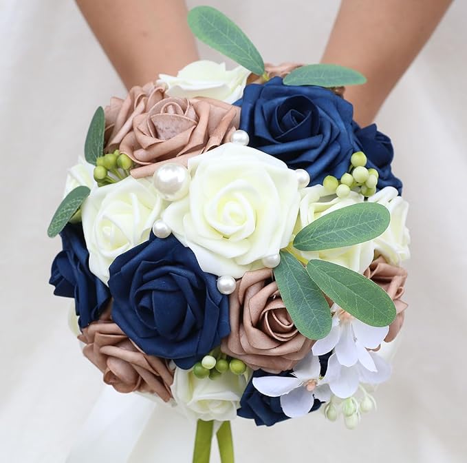 Lightweight Bridal Wedding Bouquet Round Holding Bouquet Throw Toss Artificial Rose Flower Bunch for Bride Bridesmaid Wedding Quinceanera (Cream, Navy & Rosy Brown, 6.7")