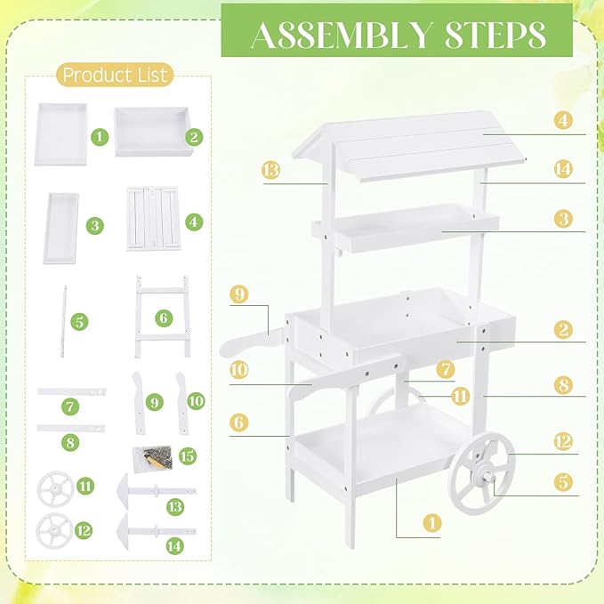 Hanaive Flower Cart Display Stand with Wheels for Bridal Shower Baby Shower Party Large Country Market Vintage Wooden 3 Tier Rolling Table Cart for Display Flower Candy Party Favors and Crafted Items