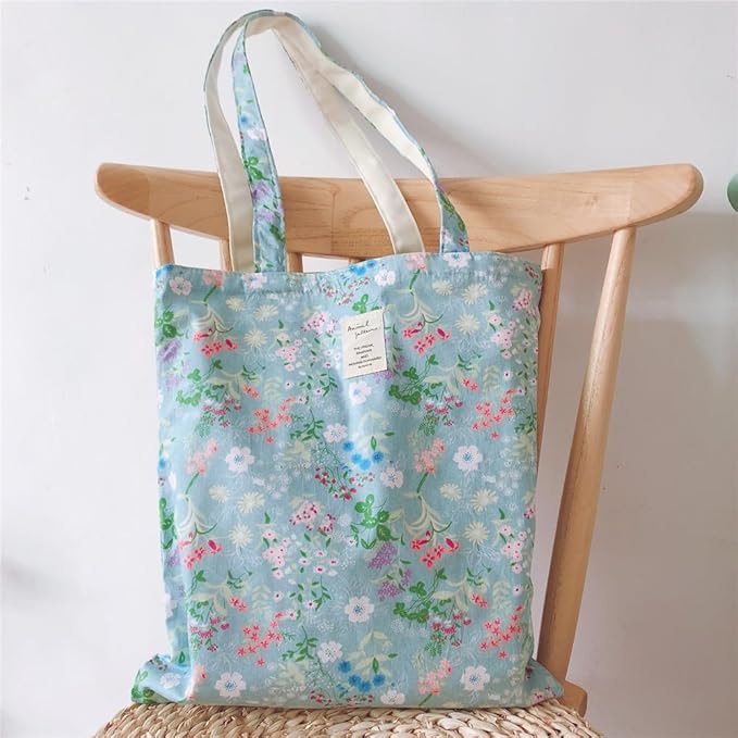 Cotton Canvas Tote Bag Reusable Soft Grocery Cloth Bag Floral Shoulder Bag for Beach Travel Shopping