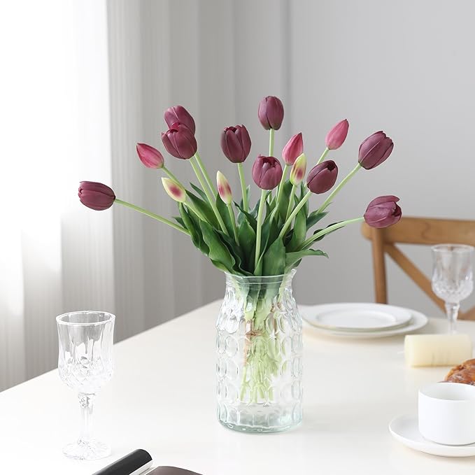 15 Pcs Deep Purple Artificial Flowers Tulips Real Touch Latex Plastic Soft Faux Bouquets for Party, Wedding, Home, Room, Garden Decor