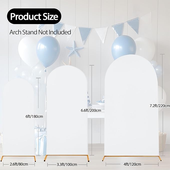 WEERRW Wedding Arch Cover White Spandex Fitted Set of 3 Balloon Arch Stand Covers Round Top Chiara Stretchy Backdrop for Birthday Party Baby Shower Banquet Decoration (6FT, 6.6FT, 7.2FT)
