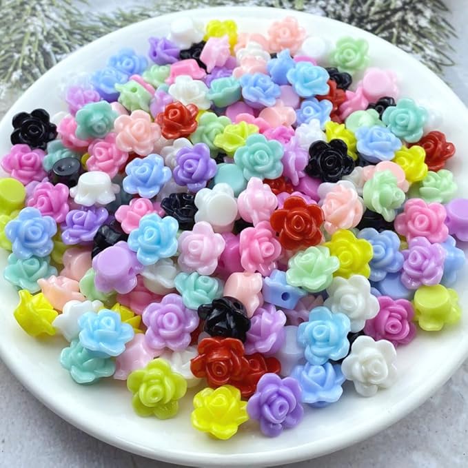 200pcs Acrylic Rose Flower Beads Candy Color Flat Back Spacer Beads Loose Pastel Colorful Decor for DIY Crafts Jewelry Making Bracelet Necklace Earrings(Black)