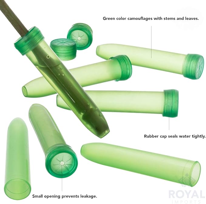 Royal Imports Floral Water Tubes with Caps – 3" Green Plastic Flower Vials for Single Stem Roses, Buds, Bouquets – Standard Style, 1/2" Opening – 25 Pack