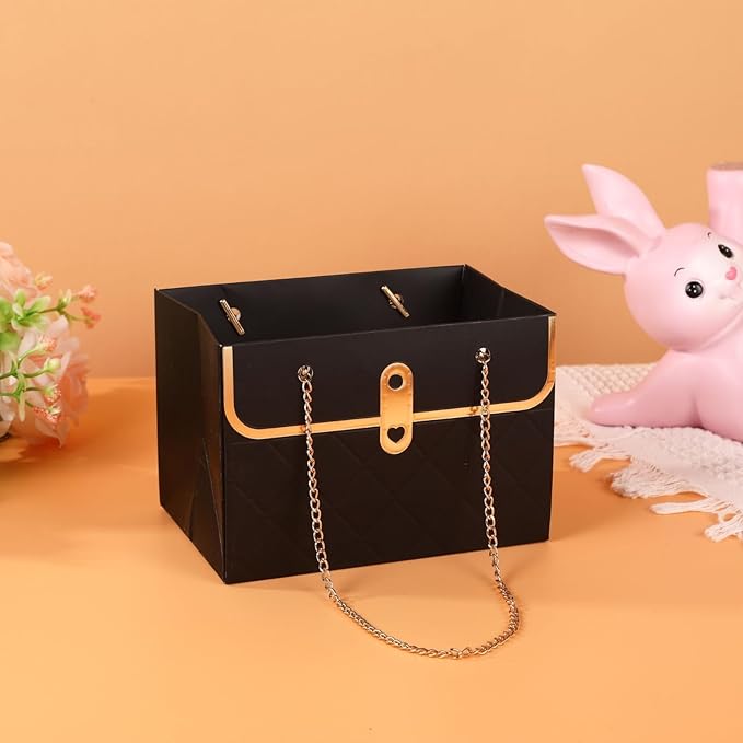 LONG XIN SERIES 12pcs Black Paper Flower Bags with Metal Chain Present Craft Boxes Premium Reusable Paper Gift Boxes Rectangular Present Packaging for Gift Package (Black)