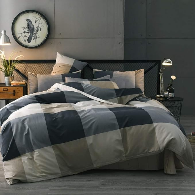King Comforter Set Modern Style Checkered Pattern Comforter Boho Plaid Comforter Set 1 Geometric Comforter with 2 Pillow Shams Fluffy Bedding Set for All Seasons King Size Comforter Set for Men Women