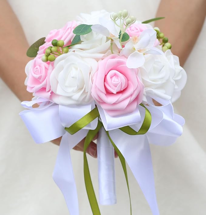 Lightweight Bridal Wedding Bouquet Round Holding Bouquet Throw Toss Artificial Rose Flower Bunch for Bride Bridesmaid Wedding Quinceanera (White & Pink, 9.1")