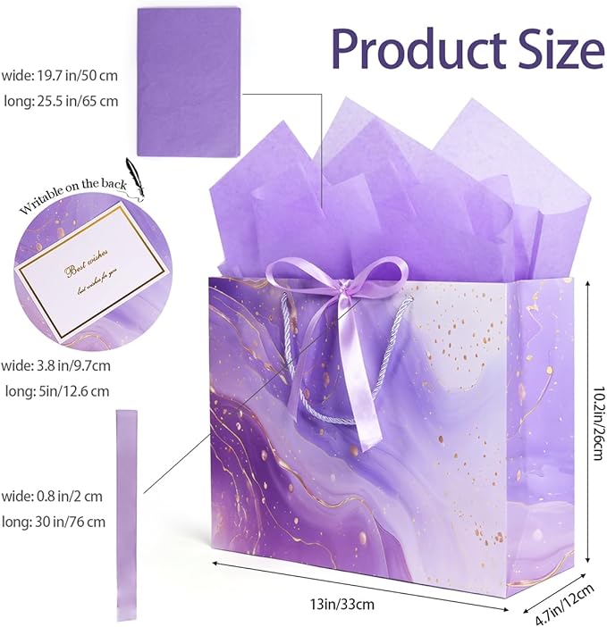 Purple Gift Bags, 2PCS 13” Large Gift Bags with Tissue Paper and Greeting Cards, Gift Bag with Handles Bow for Women Girls, Purple Gift Bags for Birthday Wedding Bridal Baby Shower Anniversaries
