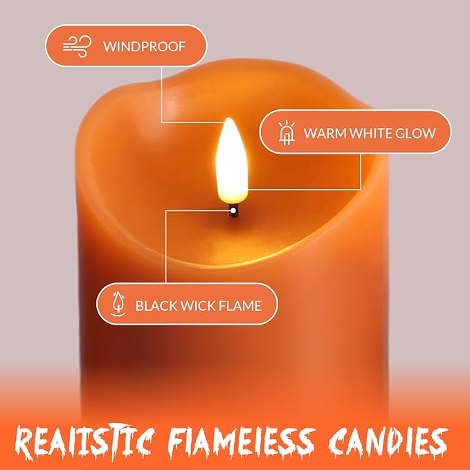 Eywamage Orange Flameless Pillar Candles with Remote, Christmas LED Wax Candles Holiday Table Centerpieces Decor Set of 3