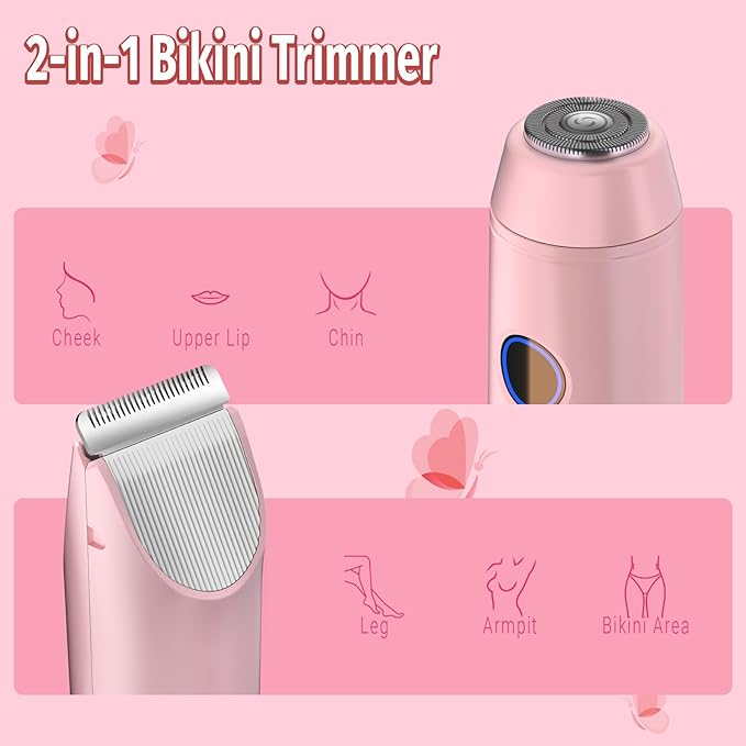 2-in-1 Bikini Trimmer for Women, Bikini Shaver with Dual Heads, Body and Facial Hair Removal, Cordless Rechargeable Electric Razors for Face Chin Pubic Underarm Legs, IPX7 Waterproof, Pink