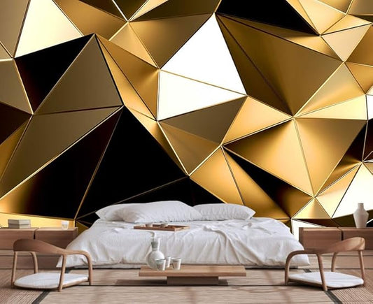 Golden 3D Geometric Lines Wallpaper for Large Walls, Sofa and TV Background
