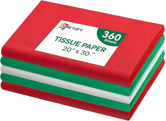 Simetufy Christmas Tissue Paper for Gift Bags, 360 Sheets 20 x 30 Inches Christmas Tissue Paper Sheets Bulk, Red Green and White for Gift Wrapping, Crafts, Birthday, Holiday Decor and DIY