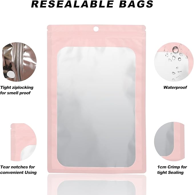 400 Pack 4 Size Bags with Clear Window,Scratch Resistant Hand Holographic Packaging Pouch,Resealable Bag for Small Bussiness Cookies Jewelry Candy Sample (Pink, 2.4×3.9,3x4.7,4×7,5.5×7.9 inch)
