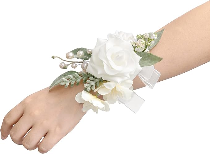 Ling's moment 6pcs Wedding Wrist Corsage Artificial Flowers, Girl/Mother Homecoming Prom Corsages Wristlet Décor, etc. Snow White