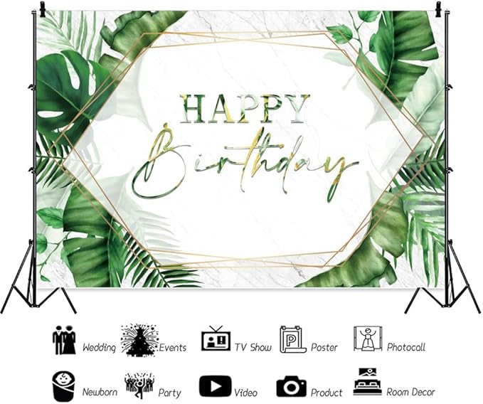 ChloropLastid 5x3ft Tropical Happy Birthday Backdrop Summer Green Palm Leaf Photography Background Hawaiian Birthday Party Banner Decorations for Men Women Portrait Photoshoot Props Supplies
