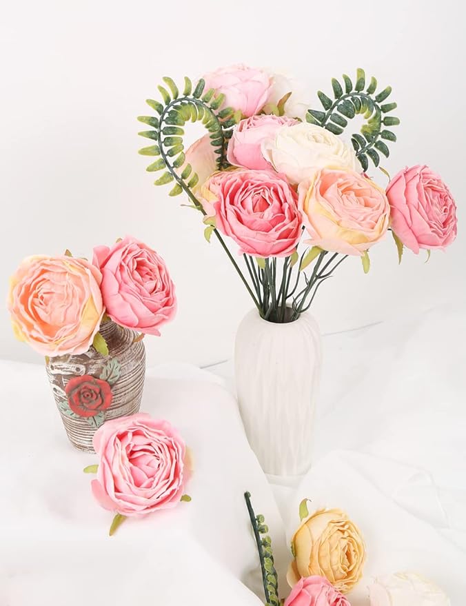 IPOPU Colorful Fake Rose Heads 25pcs Pink Silk Roses Artificial Flowers Combo White Fake Flowers for Rose Centerpieces for Tables Head Table Wedding Decorations Floral Centerpieces (Watermelon)