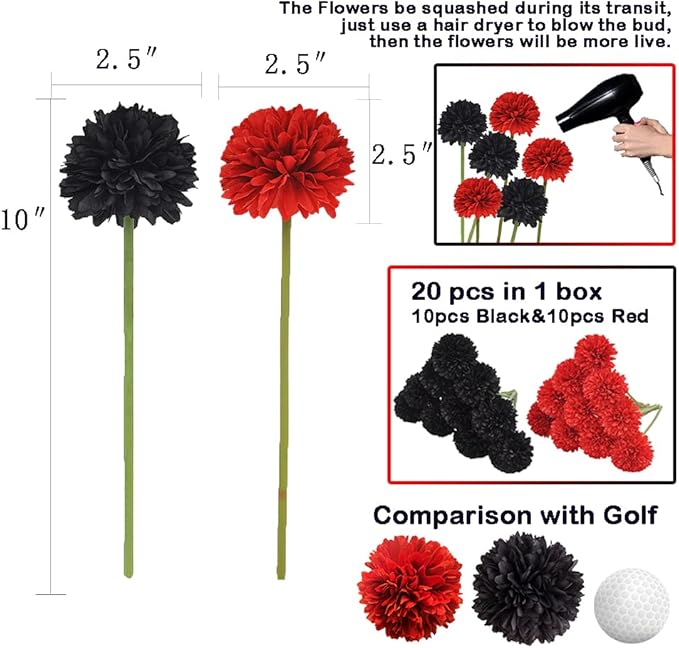 20Pcs Artificial Fake Flower Plants Silk Chrysanthemum Ball Hydrangea Arrangements Wedding Bouquets Decor Home Kitchen Garden Party Table Floral Centerpieces DIY (Red&Black)