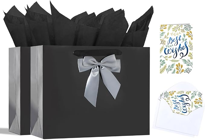 Bloomwords 13" Black Gift Bag Set - 2 Large Paper Bag with Bow, Greeting Card & 4 Tissues, Sturdy Handles for Birthdays, Father’s Day & Special Occasions-2PCS