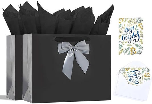 Bloomwords 13" Black Gift Bag Set - 2 Large Paper Bag with Bow, Greeting Card & 4 Tissues, Sturdy Handles for Birthdays, Father’s Day & Special Occasions-2PCS