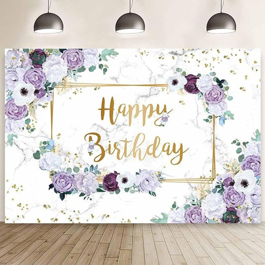 MEHOFOND 8x6ft Happy Birthday Backdrop Purple and White Flowers Bday Photography Background Girls Geometric Gold Glitter Dots Birthday Floral Party Decorations Cake Smash Decor Studio Photo Props