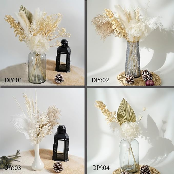 Natural Dried Pampas Dried Flower Bouquet, 17 "White Dried Fowers Bouque, Palm Leaf and Hydrangea Combination Bouquet, Boho Home Decor,Suitable for DYI Decorative Dried Flower Arrangements